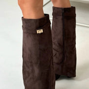 Suede Fold-Over Boots with Gold Buckle Detail for Women