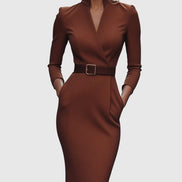 Long Sleeve Belted Bodycon Christmas Dress with Stand Collar