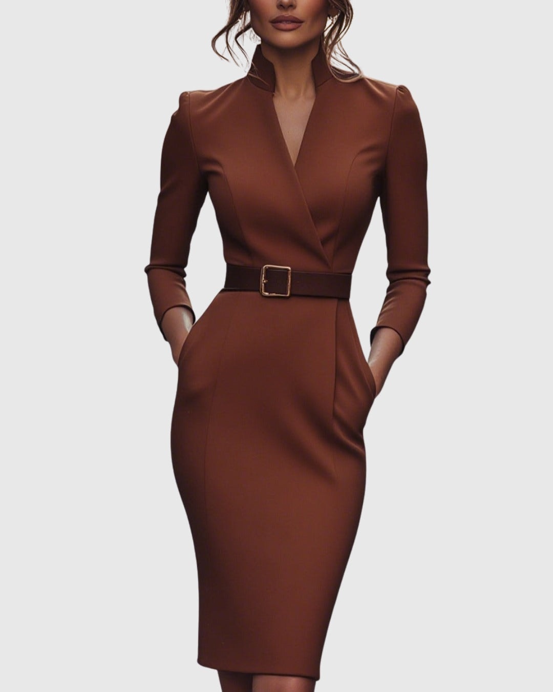 Long Sleeve Belted Bodycon Christmas Dress with Stand Collar