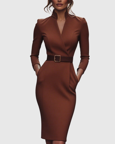 Long Sleeve Belted Bodycon Christmas Dress with Stand Collar