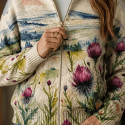 Women's Botanical Print Zip-Up Knit Bomber Cardigan