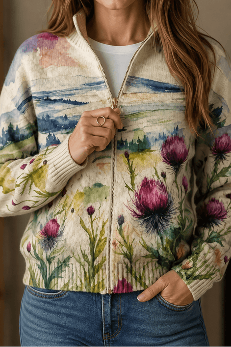 Women's Botanical Print Zip-Up Knit Bomber Cardigan