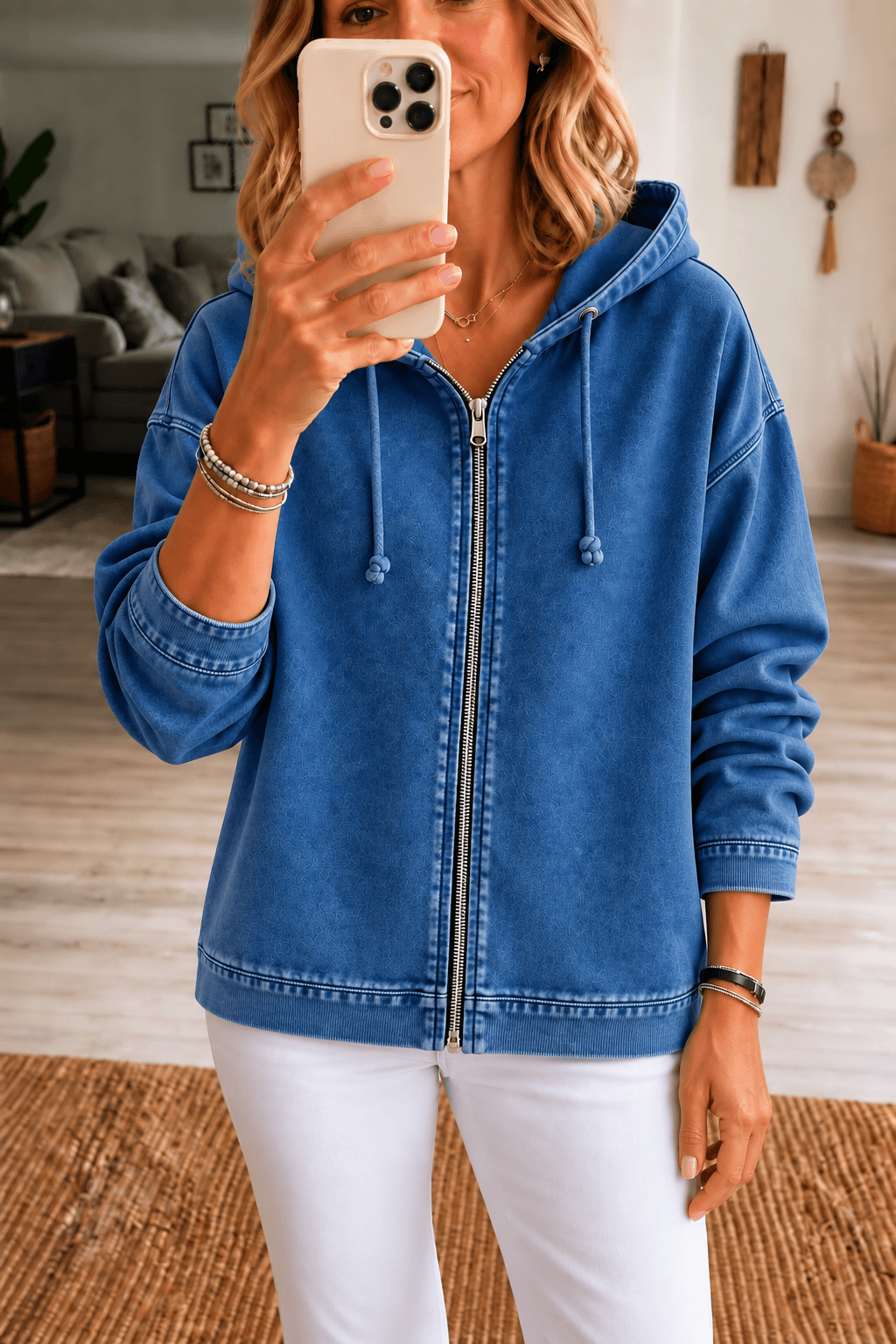 Women's Washed Oversized Zip-Up Hoodie with Lined Hood