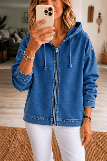 Women's Washed Oversized Zip-Up Hoodie with Lined Hood