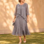 Elavine Lace Overlay Chiffon Women's Midi Dress with Sheer Sleeves