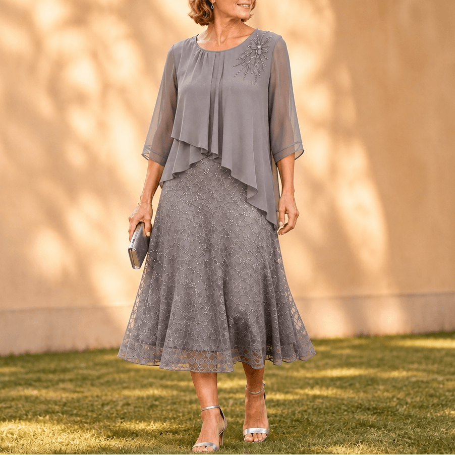 Elavine Lace Overlay Chiffon Women's Midi Dress with Sheer Sleeves