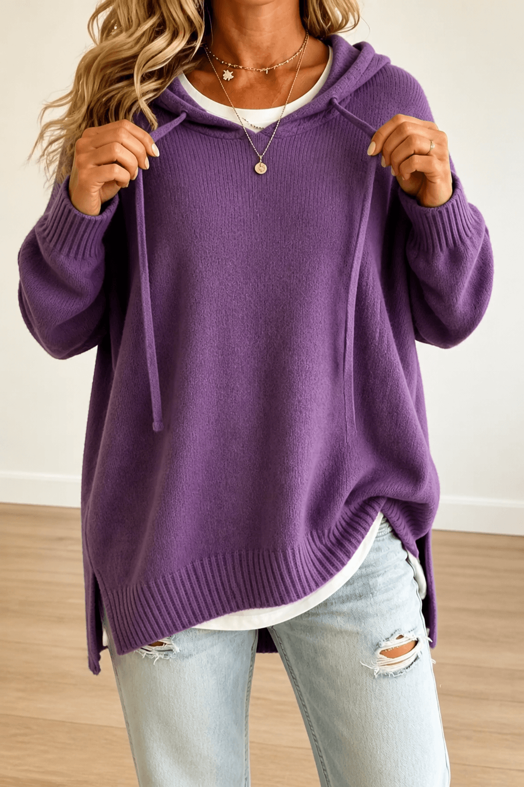 Women's Oversized Hooded Acrylic Knitted Jumper with Drawstring