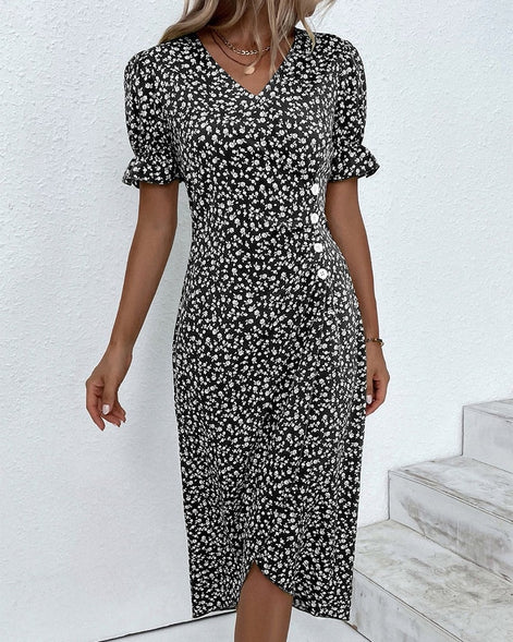 Floral Wrap Midi Dress in Polyester for Autumn and Christmas Parties
