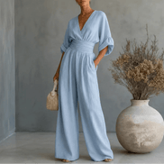 V-Neck Wide-Leg Jumpsuit with Pleated Waist Sash