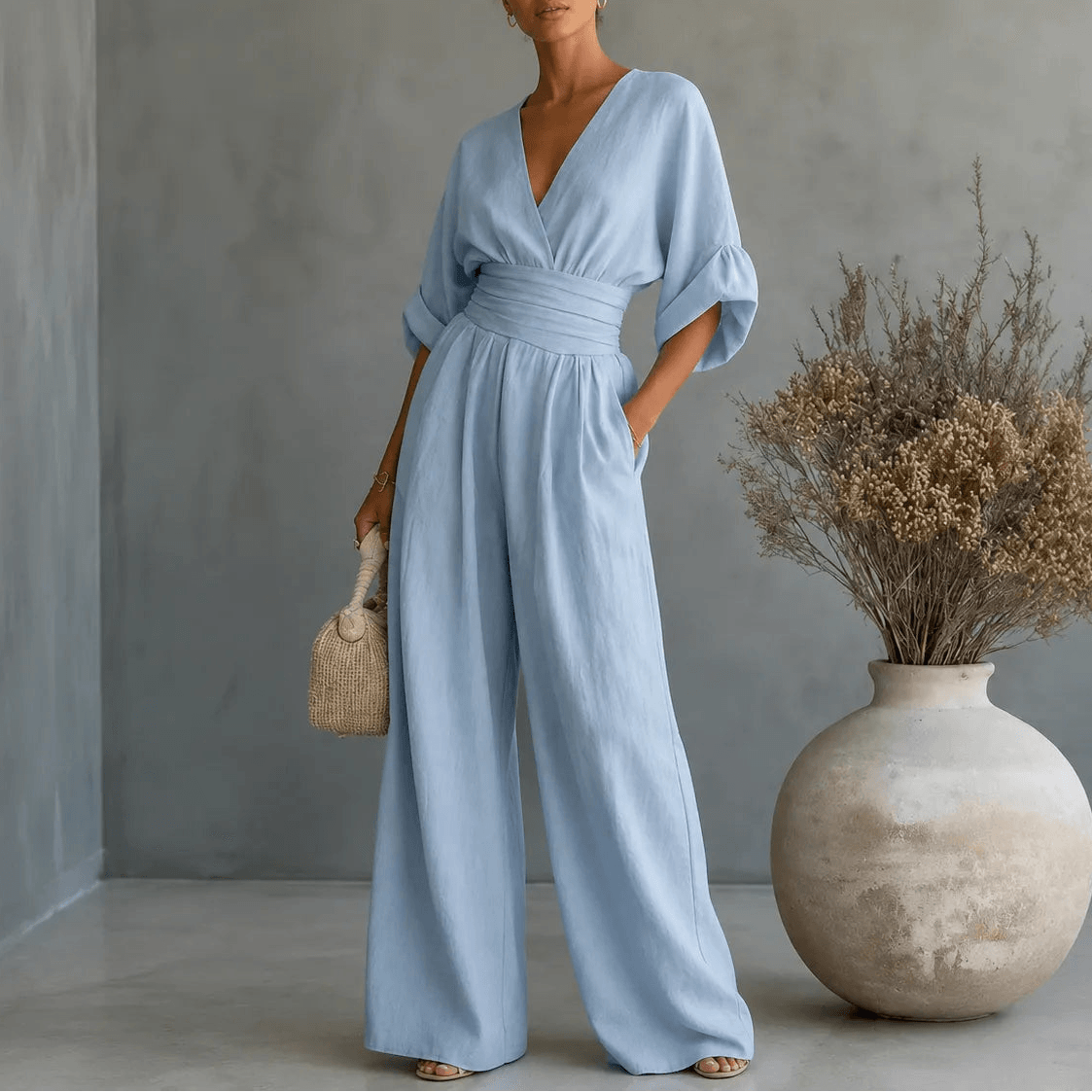 V-Neck Wide-Leg Jumpsuit with Pleated Waist Sash