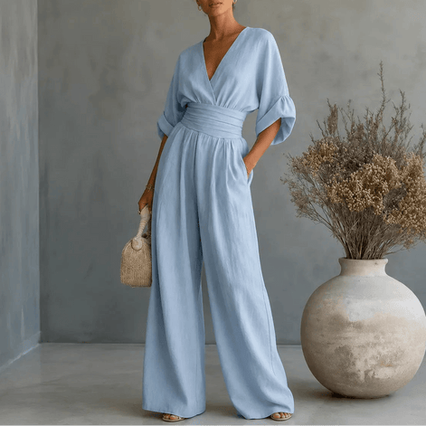 V-Neck Wide-Leg Jumpsuit with Pleated Waist Sash