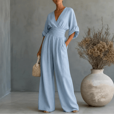 V-Neck Wide-Leg Jumpsuit with Pleated Waist Sash