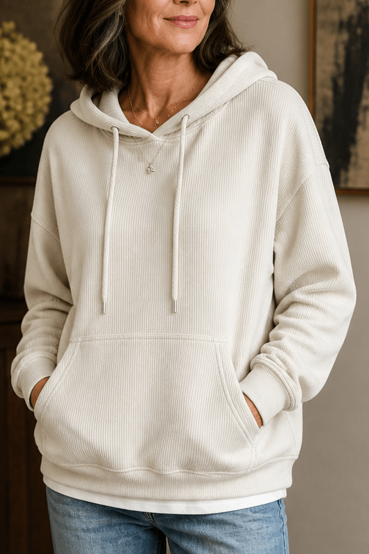 Women's Ribbed Corduroy-Look Hoodie with Front Pocket