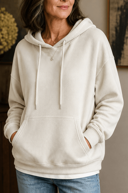 Women's Ribbed Corduroy-Look Hoodie with Front Pocket
