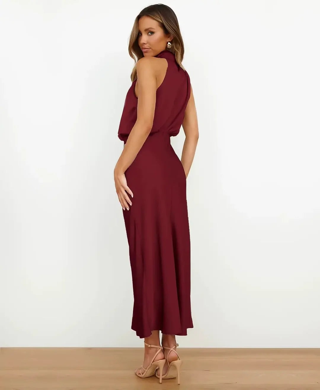 Satin Halter Neck Midi Dress for Christmas Party Occasions in Apricot