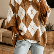 Women's Hooded Argyle Batwing Poncho Knit Jumper