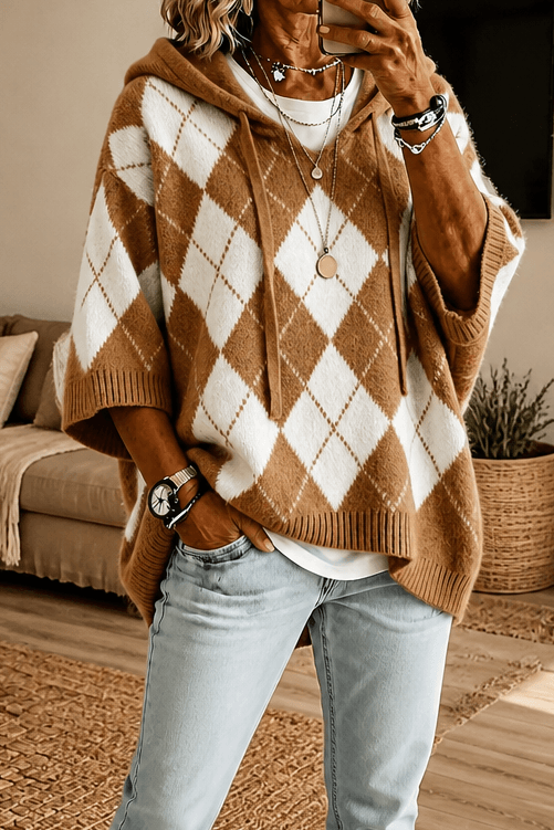 Women's Hooded Argyle Batwing Poncho Knit Jumper