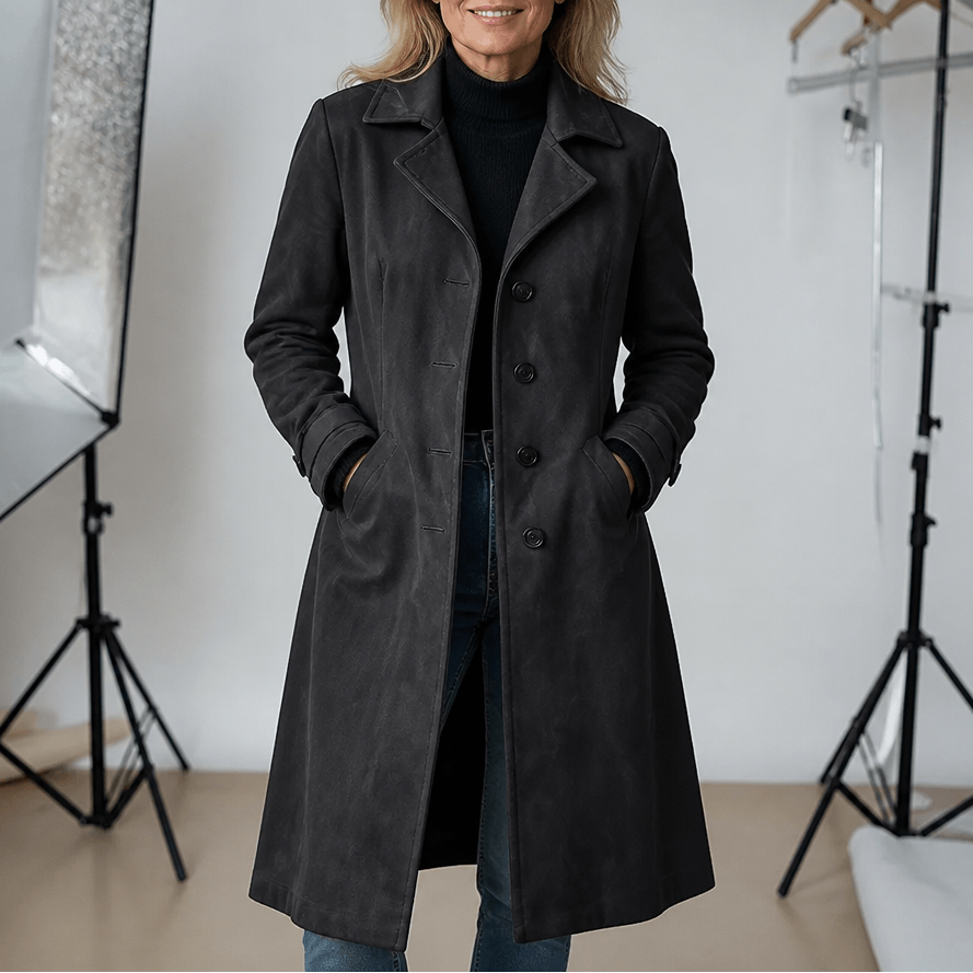 Women's Unstructured Suede-Look Long Coat with Button Front
