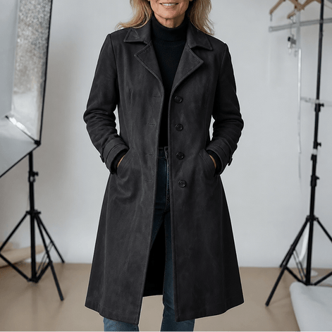 Women's Unstructured Suede-Look Long Coat with Button Front