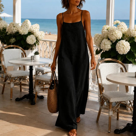 Women's Linen-Look Maxi Slip Dress with Adjustable Straps