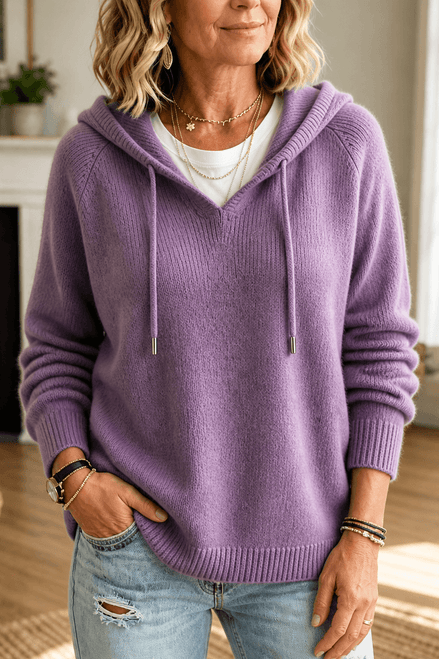 Women's Drawstring Hood Ribbed Knit Jumper