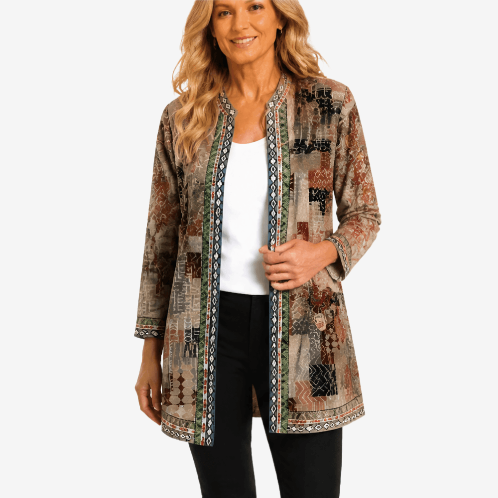 Patrice Art-Print Open-Front Jacket with Embellished Trim