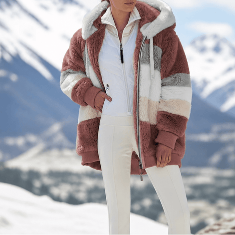 Women's Oversized Color-Block Faux Fur Winter Coat with Hood