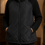 Women's Quilted Puffer Jacket with Knit Panel Trim at Waist and Cuffs