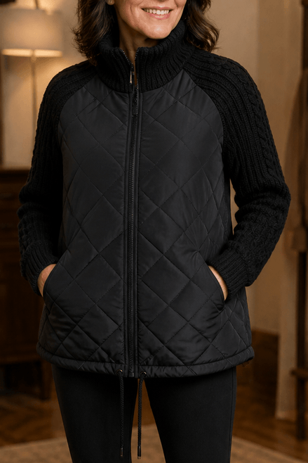 Women's Quilted Puffer Jacket with Knit Panel Trim at Waist and Cuffs