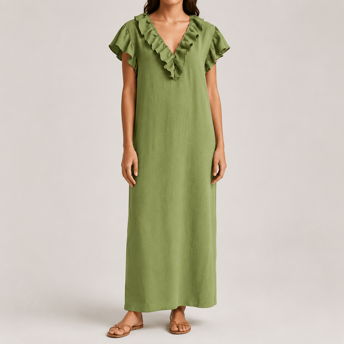 Ruffled V-Neck Linen-Cotton Women's Midi-to-Maxi Dress with Pockets