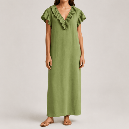Ruffled V-Neck Linen-Cotton Women's Midi-to-Maxi Dress with Pockets