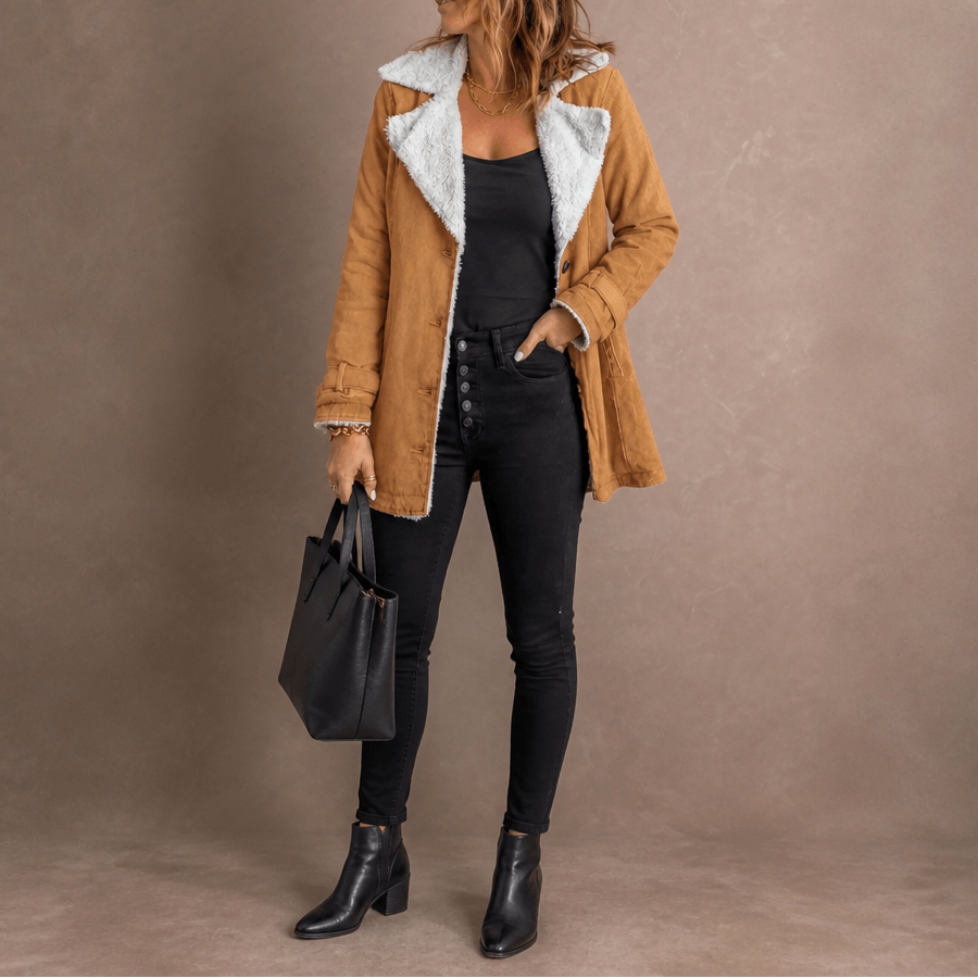 Sherpa-Lined Lapel Jacket with Suede-Finish Cotton Blend