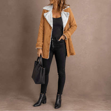 Sherpa-Lined Lapel Jacket with Suede-Finish Cotton Blend