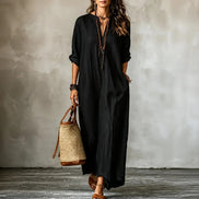 Striped V-Neck Maxi Dress with Pockets and Long Sleeves