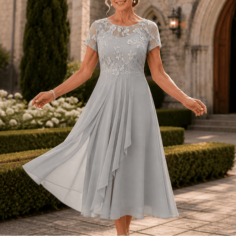 Women's Lace Bodice Chiffon Dress with Ruffled Hem