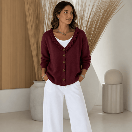 Women's Ruffle Collar Wool-Blend Knitted Cardigan with Button Front