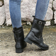 Hazel Faux Leather Combat Boots with Side Zip and Buckle Detail for Women