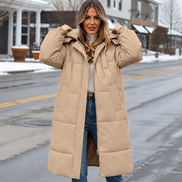 Women's Long Hooded Quilted Puffer Jacket with Side Pockets