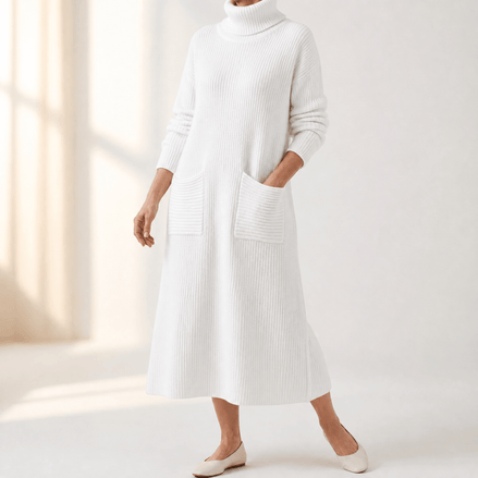 Women's Relaxed Turtleneck Knitted Jumper Dress with Pockets