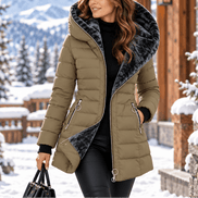 Women's Quilted Hooded Puffer Jacket with Zip Pockets and Insulated Lining