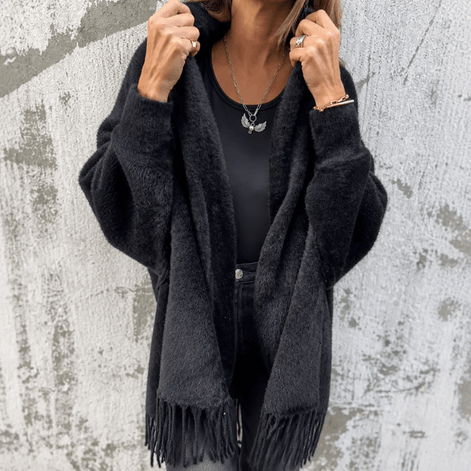 Women's Fringed Draped Shawl Collar Open-Front Wool Wrap Coat for Winter