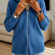 Women's Ribbed Zip-Up Hooded Knit Cardigan with Drawstring Hood
