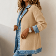 Women's Ribbed Knit Cardigan Coat with Denim Panel Trim