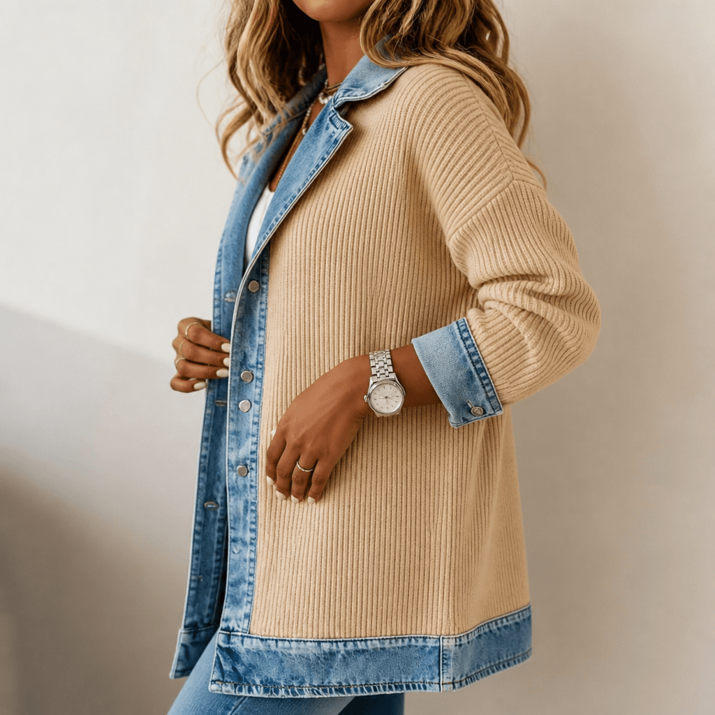 Women's Ribbed Knit Cardigan Coat with Denim Panel Trim