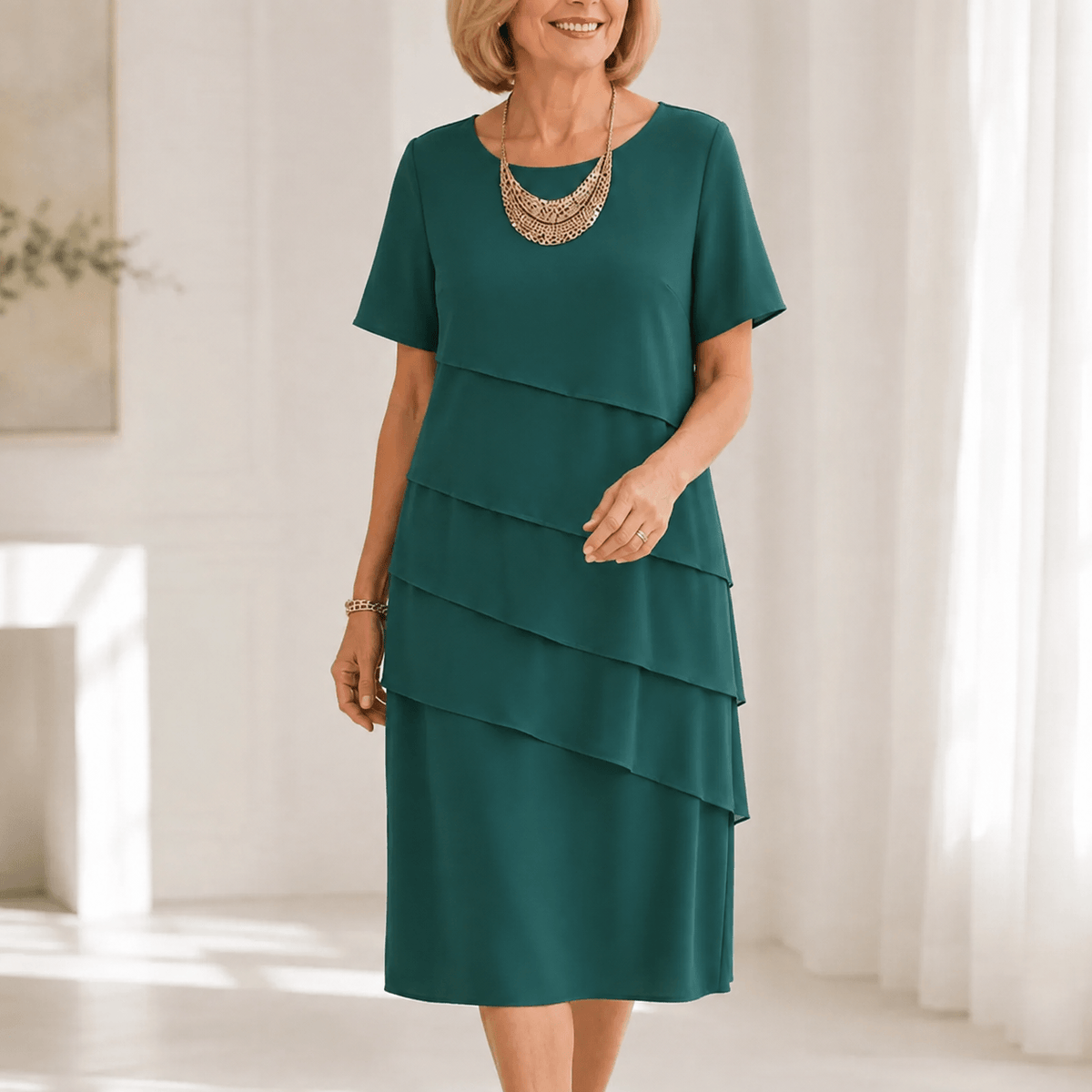 Florenza Tiered Short-Sleeve Women's Midi Dress with Round Neck