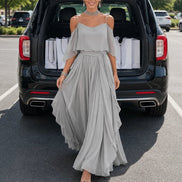 Cold Shoulder Chiffon Women's Midi Dress with Cascading Side Drape