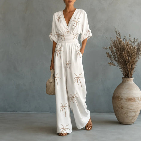 Floral Print Wide-Leg Jumpsuit with Tie Waist and Pockets