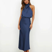Satin Halter Neck Midi Dress for Christmas Party Occasions in Apricot