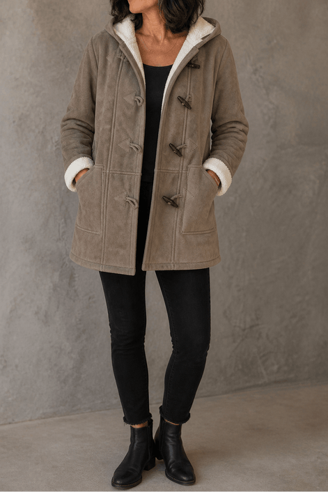 Women's Hooded Faux Suede Winter Coat with Plush Sherpa Lining