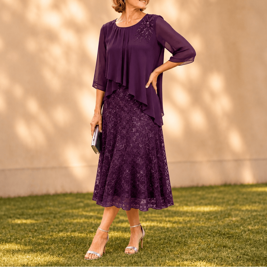 Elavine Lace Overlay Chiffon Women's Midi Dress with Sheer Sleeves